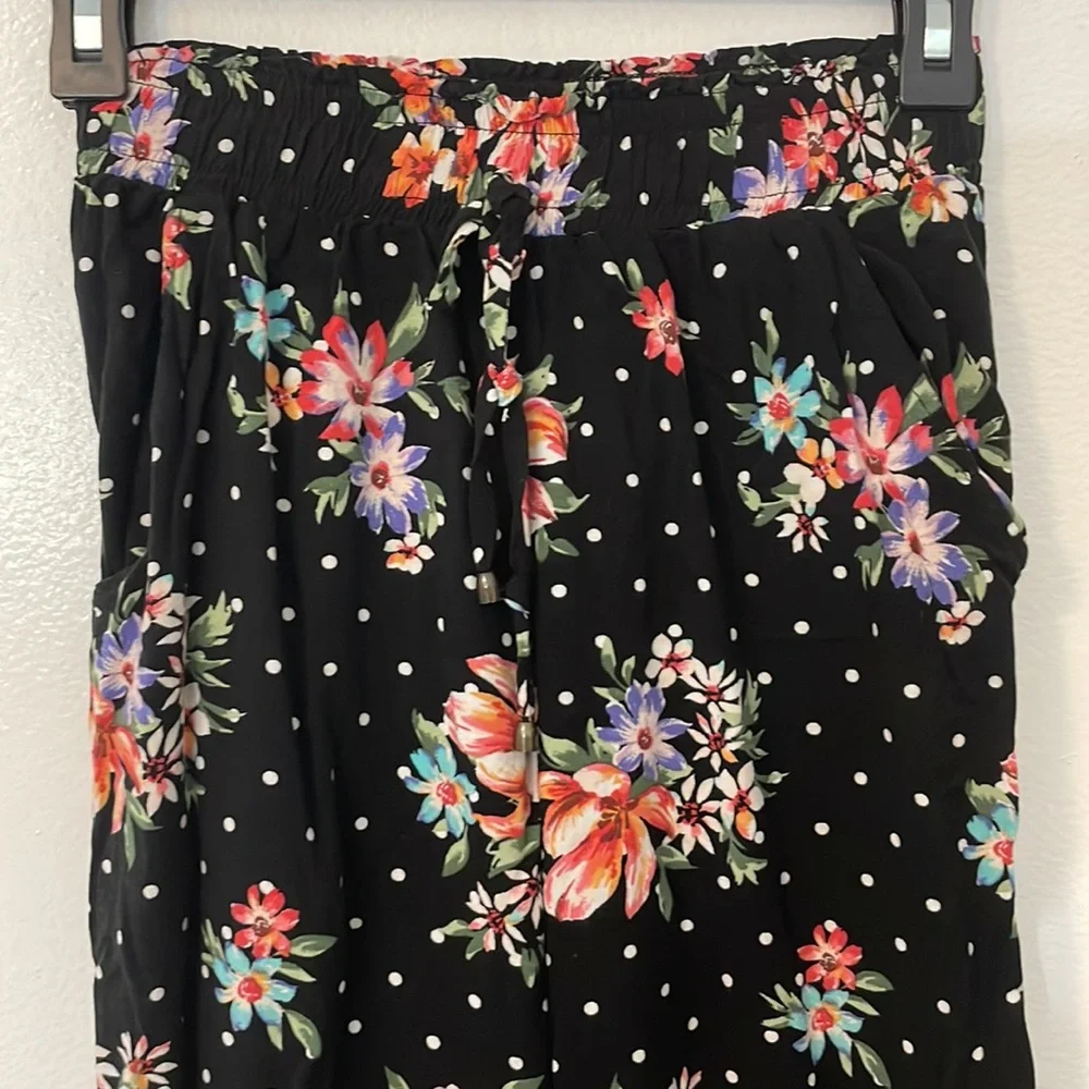 Joe B XS black floral print pants with side pockets elastic waist - Picture 2 of 8